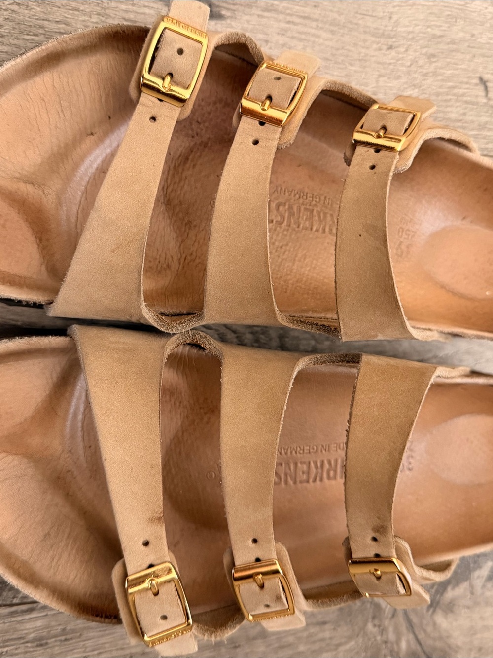Birkenstock Arizona Three-Strap Sandal in Tan Suede with Gold Buckles